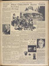 An image of a magazine article published in nineteen thirtythree. The article is titled: Where Children Receive Their Natural Heritage. The article has a photograph of a group of young children holding stuffed toys.
