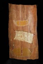 A bark slab is painted with an image of a ship and a canoe in a traditional Indigenous art style.