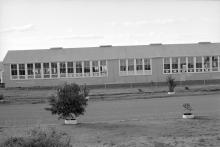 A black and white photograph of a building at Umeewarra Mission Children's Home. The building is separated from the road by a chain link fence. The building itself is long, with most of its length covered by window. Inside the windows hang cards that spell: Umeewarra School.
