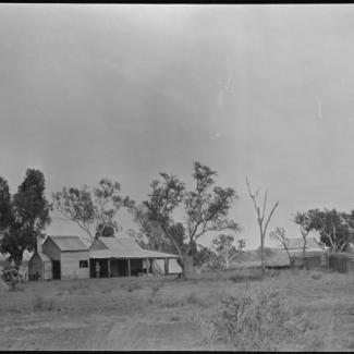 A black and white photograph of a few small buildings at Beagle Bay. In between the buildings there are many trees.