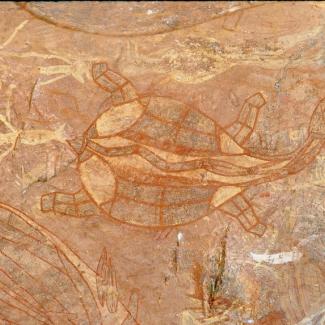 Ancient artwork depicting a tortoise, small portions of other animals can be seen painted around it out of frame.